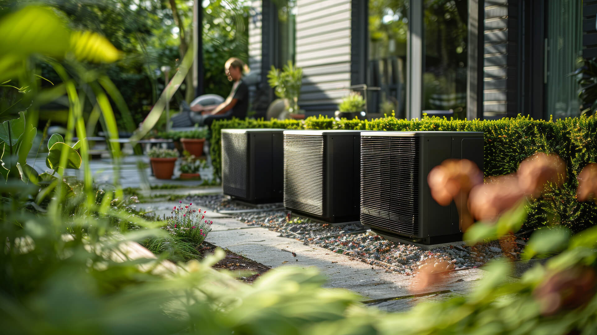 Minnesota residential hvac condensers aligned along a pathway, showing clean installation near a modern house and well-kept landscaping