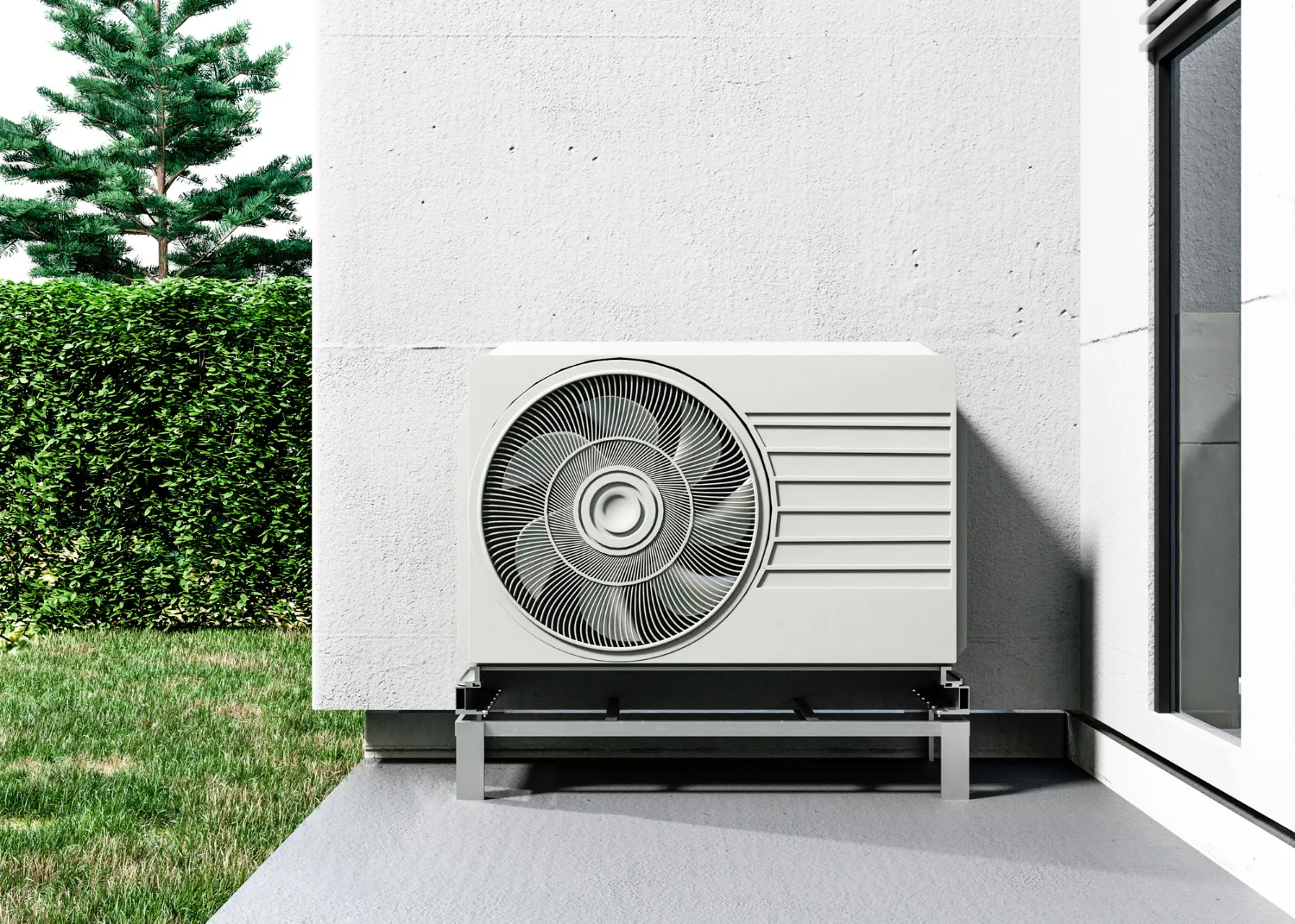 heat pump vs furnace - Close up on heat pump outside home