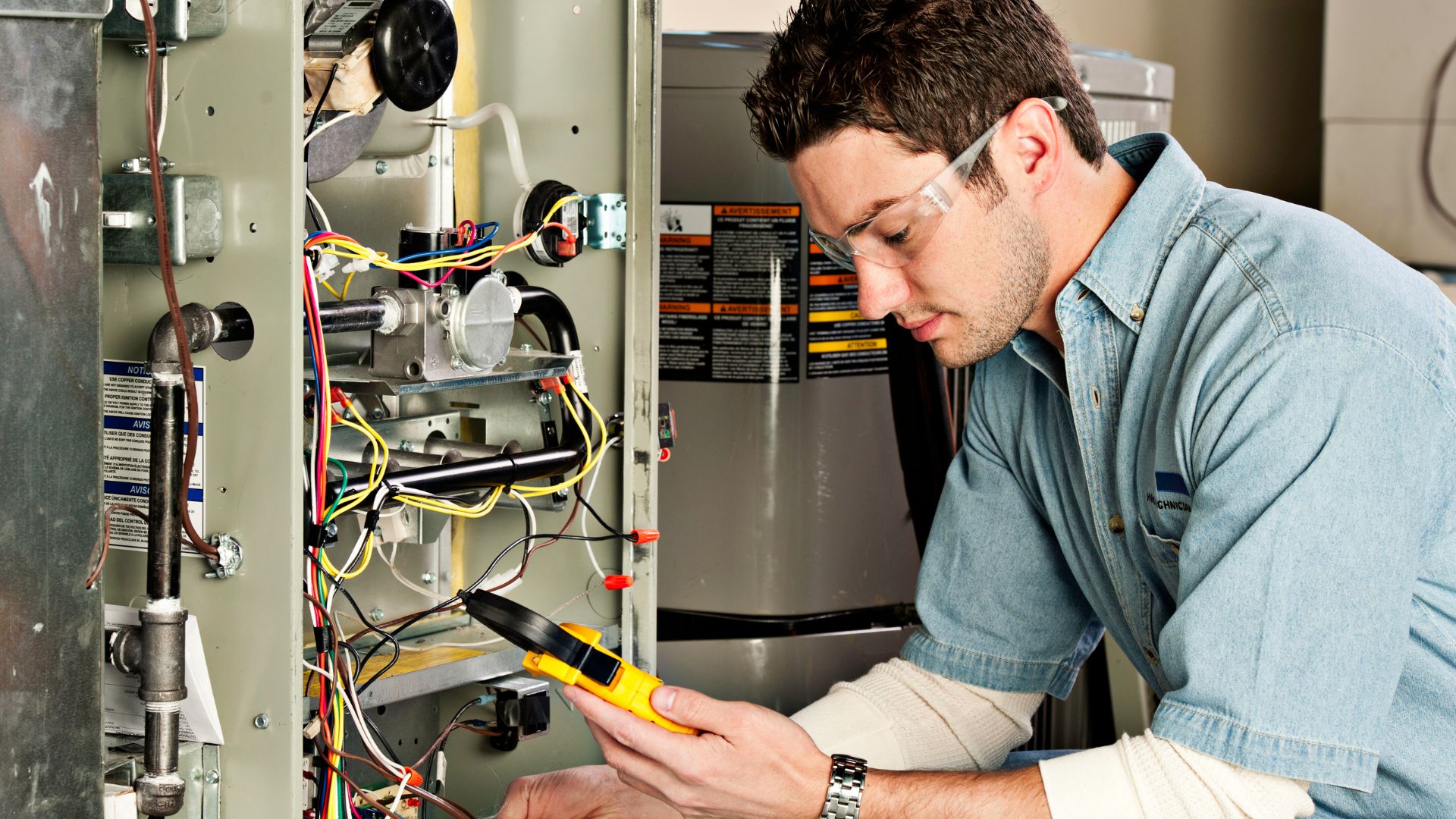 Professional heating technician performing furnace repair in Minnesota home | furnace installation Minnesota