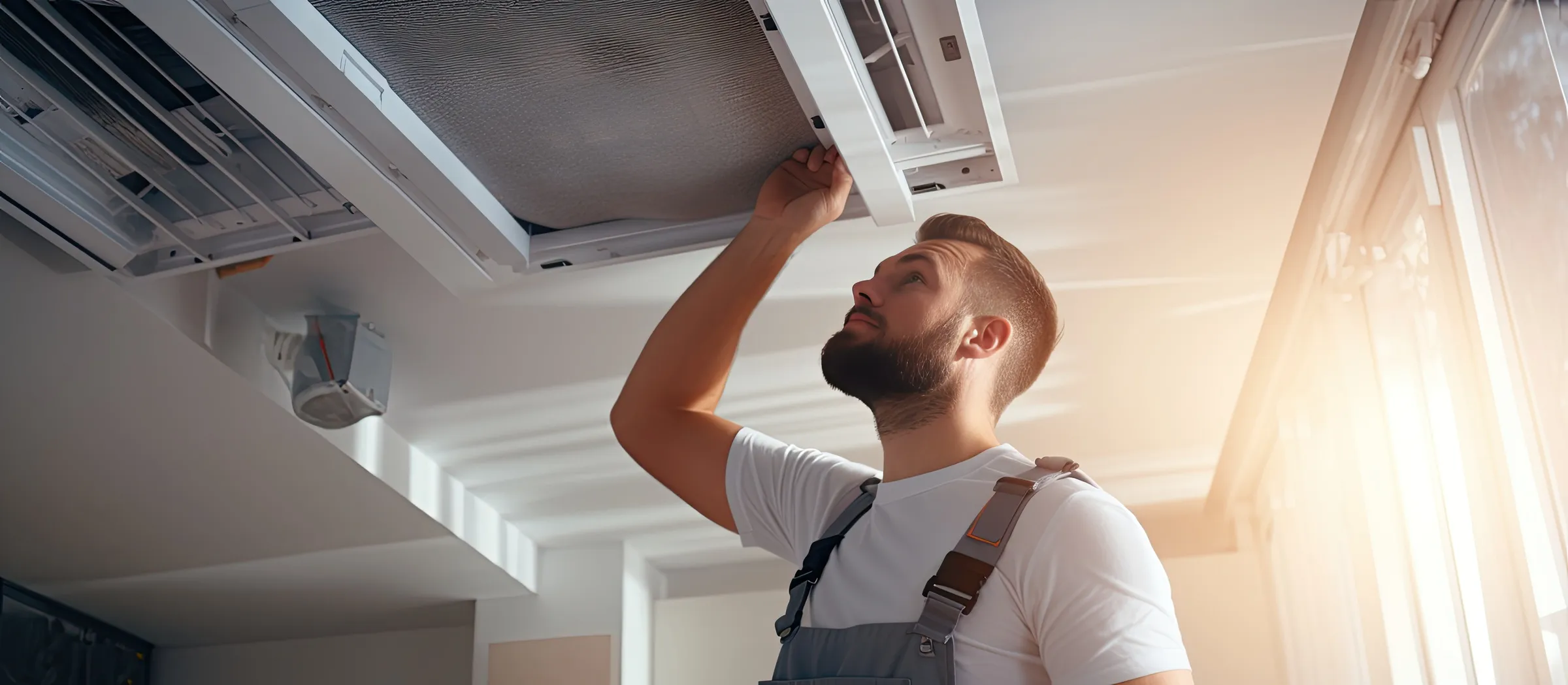 Technician performing air condition maintenance in a Minnesota home